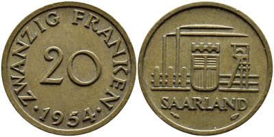 Саарланд 20 франков 1954 индустрия KM 2 алюминиевая бронза 4364-2655