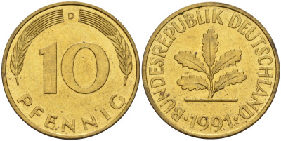 ФРГ 10 пфеннигов 1991 D KM 108, J. 383 сталь плакированная латунью 4175-957