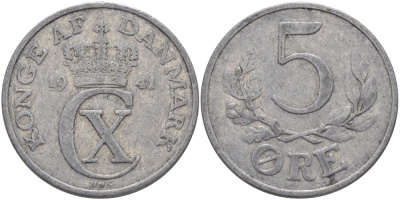 ДАНИЯ 5 ЭРЕ 1941 N ; S, КРИСТИАН X (1912-1947) KM 834 алюминий 97-1136