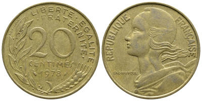 Франция 20 сантимов 1978 тип Марианна KM 930 медь алюминий никель 3461-245
