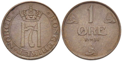 НОРВЕГИЯ 1 ЭРЕ 1931 ХОКОН VII (1905-1957) KM 367 бронза 116-1054