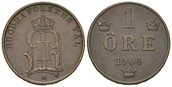 Швеция 1 эре 1904 Оскар II (1872-1907) KM 750 бронза 4611-337