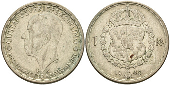 Швеция 1 крона 1948 TS, Густав V (1907-1950) KM 814 серебро 3457-126