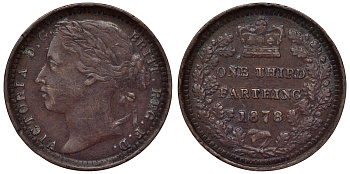 Великобритания 1/3 фартинга 1878 Виктория (1837-1901) KM 750, Spink 3960 бронза 1531-235