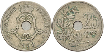 БЕЛЬГИЯ 25 САНТИМОВ 1908 BELGIE KM 63 медно-никель 4544-1223