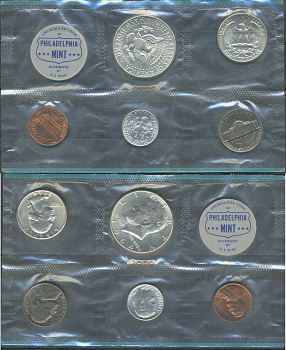 США набор из 5 монет (1, 5, 10 (дайм), 25 (квотер, 1/4 доллара) и 50 (1/2 доллара) центов) и отметки монетного двора 1964 в оригинальной упаковке, в запайке KM MS117 (164, A192, 195, 201 и 202) UNC 8-2-06-05