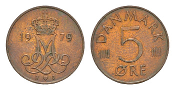 Дания 5 эре 1979 KM 859 железо плакированная медью 4632-438