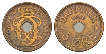 Дания 5 эре 1936 N, Кристиан X (1912-1947) KM 828 бронза 4638-625