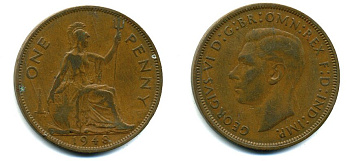 Великобритания 1 пенни 1948 Георг VI (1936-1952) KM 845, Spink 4114 бронза 57-146