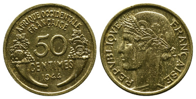 Французская Западная Африка 50 сантимов 1944 редкая KM 1, Lec 1 алюминиевая бронза aUNC 4381-929