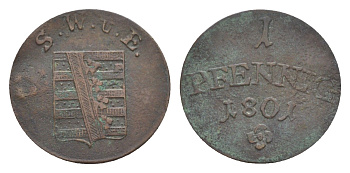 Саксен-Веймар-Эйзенах 1 пфенниг 1801 Карл Август (1758-1809), самый редкий год KM 150 медь 1526-1024