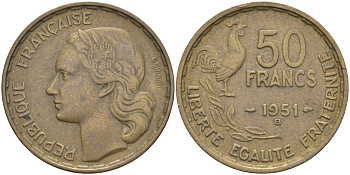 Франция 50 франков 1951 В, петух KM 918.2, Le Frank 425.6 алюминиевая бронза 3855-1125