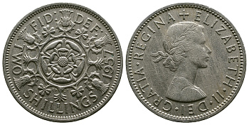 Великобритания 2 шиллинга (флорин) 1957 Елизавета II (1952-2022) KM 906, Spink 4146 медно-никель 4382-133