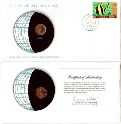 Кирибати 1 цент 1979 конверт с маркой первого дня гашения, Coins of Nations KM 1 бронза UNC 4295-23-2