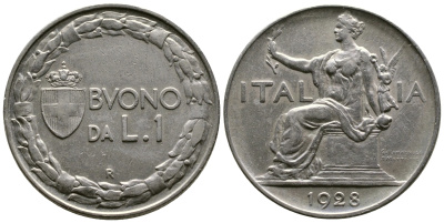 ИТАЛИЯ 1 ЛИРА 1928 R, ВИКТОР ИМАНУИЛ III KM 62 никель 51-1544