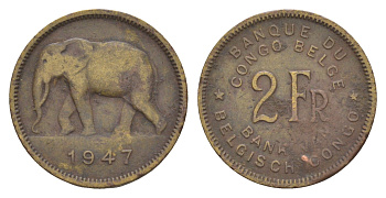 Бельгийское Конго 2 франка 1943 KM 28 латунь 4647-1237