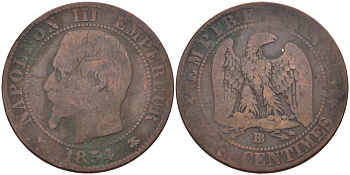 Франция 5 сантимов 1854 BB, Наполеон III KM 777.3 бронза 28-634