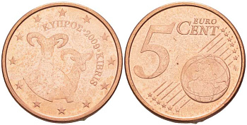 Кипр 5 евроцентов 2009 два муфлона KM 80 сталь плакированная медью UNC 99-367