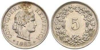 Швейцария 5 раппенов 1963 B KM 26 медно-никель 4609-1014