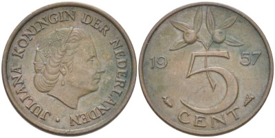 Нидерланды 5 центов 1957 Юлиана (1948-1980) KM 181 бронза 213-1027