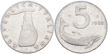 Италия 5 лир 1955 R, дельфин KM 92 алюминий    4594-1033