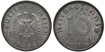 ГЕРМАНИЯ 10 РЕЙХСПФЕННИГОВ 1948 F, ОККУПАЦИЯ ГЕРМАНИИ СОЮЗНЫМИ ВОЙСКАМИ KM A 104 цинк aUNC 02-264-51