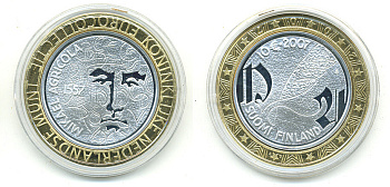 Финляндия 10 евро 2007 450 лет со дня смерти Микаэля Агриколы KM 136 серебро PROOF 11-042-31