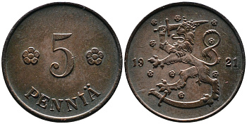 ФИНЛЯНДИЯ 5 ПЕННИ 1921 KM 22 медь 4387-426