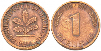 ФРГ 1 ПФЕННИГ 1986 J KM 105, J.380 сталь плакированная медью 4396-1537