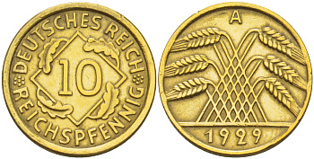 ГЕРМАНИЯ 10 РЕЙХСПФЕННИГОВ 1929 А KM 40, J. 317, Weege 9 алюминиевая бронза 4182-714