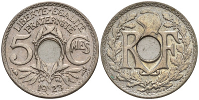 Франция 5 сантимов 1923 KM 875 медно-никель 4596-566