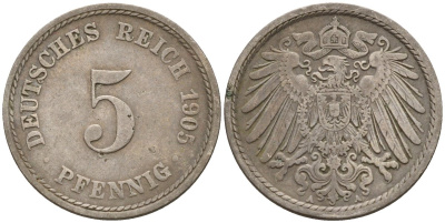 Германия 5 пфеннигов 1905 A KM 11, J. 12 медно-никель 4151-446
