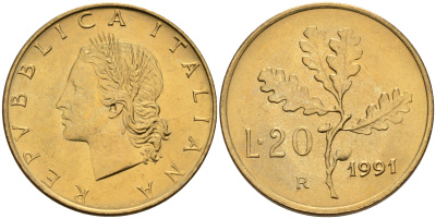 Италия 20 лир 1991 R, дубовый лист KM 97.2 алюминиевая бронза  UNC  4594-858