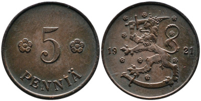 ФИНЛЯНДИЯ 5 ПЕННИ 1921 KM 22 медь 4387-426