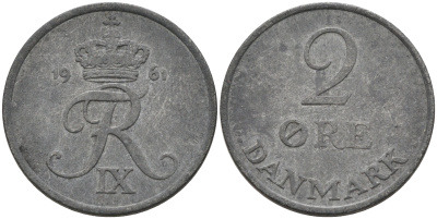 ДАНИЯ 2 ЭРЕ 1961 C; S, ФРЕДЕРИК IX (1947-1972) KM 840.2 цинк 4566-425