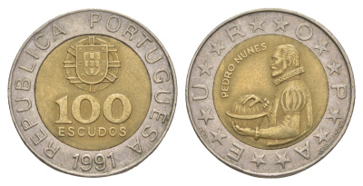 Португалия 100 эскудо 1991 Педру Нуниш (1502-1578), математик KM 645 биметалл 4566-256