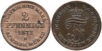 Мекленбург-Шверин 2 пфеннига 1872 В, Фридрих Франц II (1842-1883) KM 316 (С103), AKS 49, J.61 медь 116-666