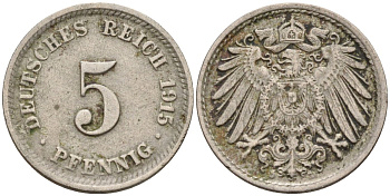 Германия 5 пфеннигов 1915 D KM 11, J. 12 медно-никель 4151-556