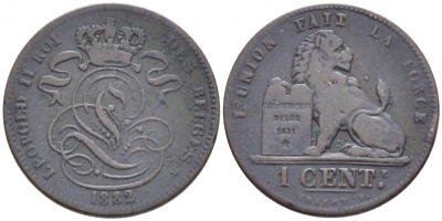 БЕЛЬГИЯ 1 САНТИМ 1882 BELGES KM 33.1 медь 116-715