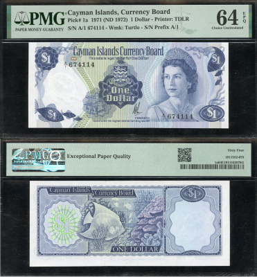 Каймановы острова 1 доллар L. 1971 (1972) Елизавета II (1952-2022), рыбка, серия A/1, в слабе PCGS 64 Choice Uncirculated Pick 1 a  бумага  UNC (пресс) 452-1-131