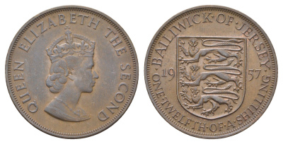 Джерси 1/12 шиллинга 1957 Елизавета II (1952-2022) KM 21 бронза 4634-413