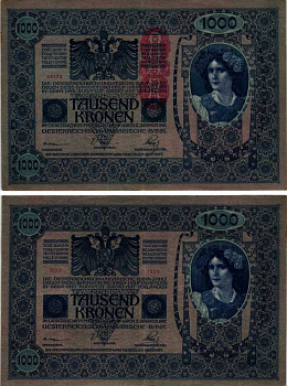 АВСТРИЯ 1000 КРОН 1919 КРАСНАЯ ВЕРТИКАЛЬНАЯ НАДПЕЧАТКА НА 1902 Pick 59 бумага 6279-17-2