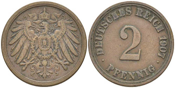 ГЕРМАНИЯ 2 ПФЕННИГА 1907 A KM 16, J. 11, Weege 4 медь 212-324
