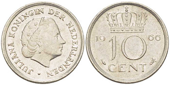 НИДЕРЛАНДЫ 10 ЦЕНТОВ 1966 ЮЛИАНА (1948-1980) KM 182 никель 214-1222
