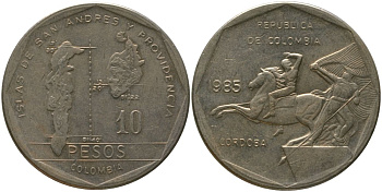 Колумбия 10 песо 1985 KM 270 никель латунь 4565-336