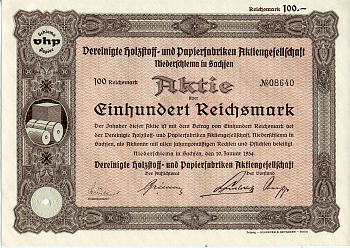 Германия 100 рейхсмарок 1934 АО Объединенные деревообрабатывающие и бумажные фабрики, Нидершлем в Саксонии, акция   бумага   8803-13-1