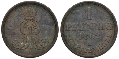 Ганновер 1 пфенниг 1862 B, Георг V KM 233, AKS 156, J. 90 медь 4594-554