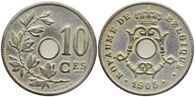 БЕЛЬГИЯ 10 САНТИМОВ 1905 BELGIQUE KM 52 медно-никель 86-743