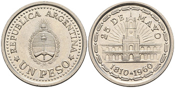 Аргентина 1 песо 1960 150 лет свержения Испанского вице-короля (1810-1960) KM 58, Schon 58, CJ 274 сталь плакированная никелем    60-1022