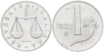 Италия 1 лира 1955 R, весы KM 91 алюминий  UNC  4594-711